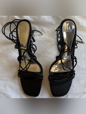 Jennifer Lopez Black Strappy Lace-Up Sandals with Silver Insole